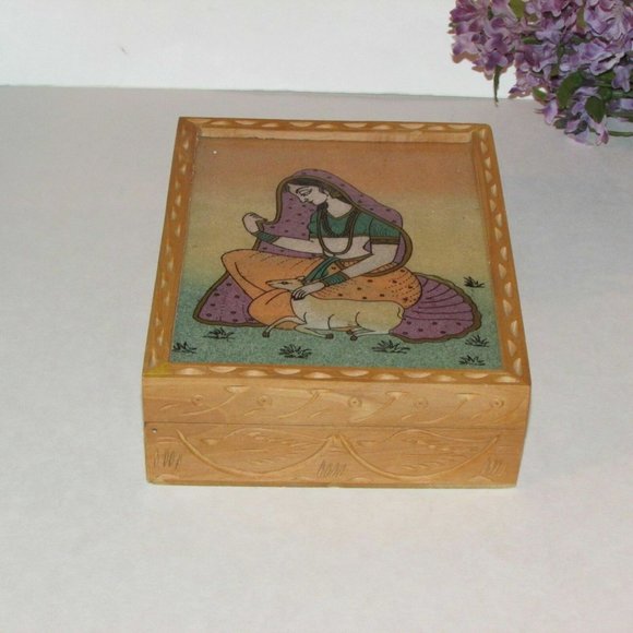 Handmade Boho Trinket Keepsake Jewelry Box Wood & Crushed Gemstones Lined - Picture 3 of 10